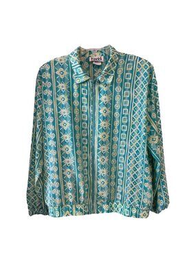 Teddi Plus Size Geometric Print Zip Front Jacket Aqua Blue Retro Windbreaker 2X